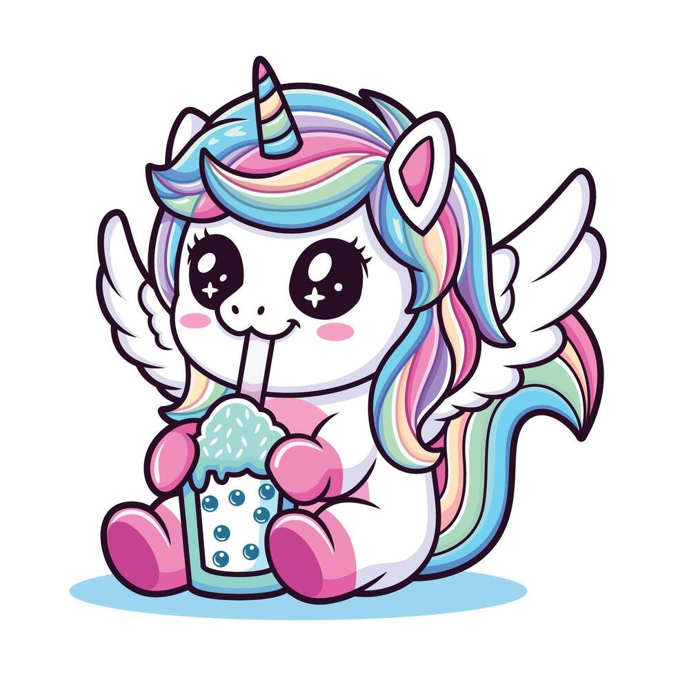 A cute unicorn drink ice with cute pose on a white background. It can be used for printing, textiles, web design. vector