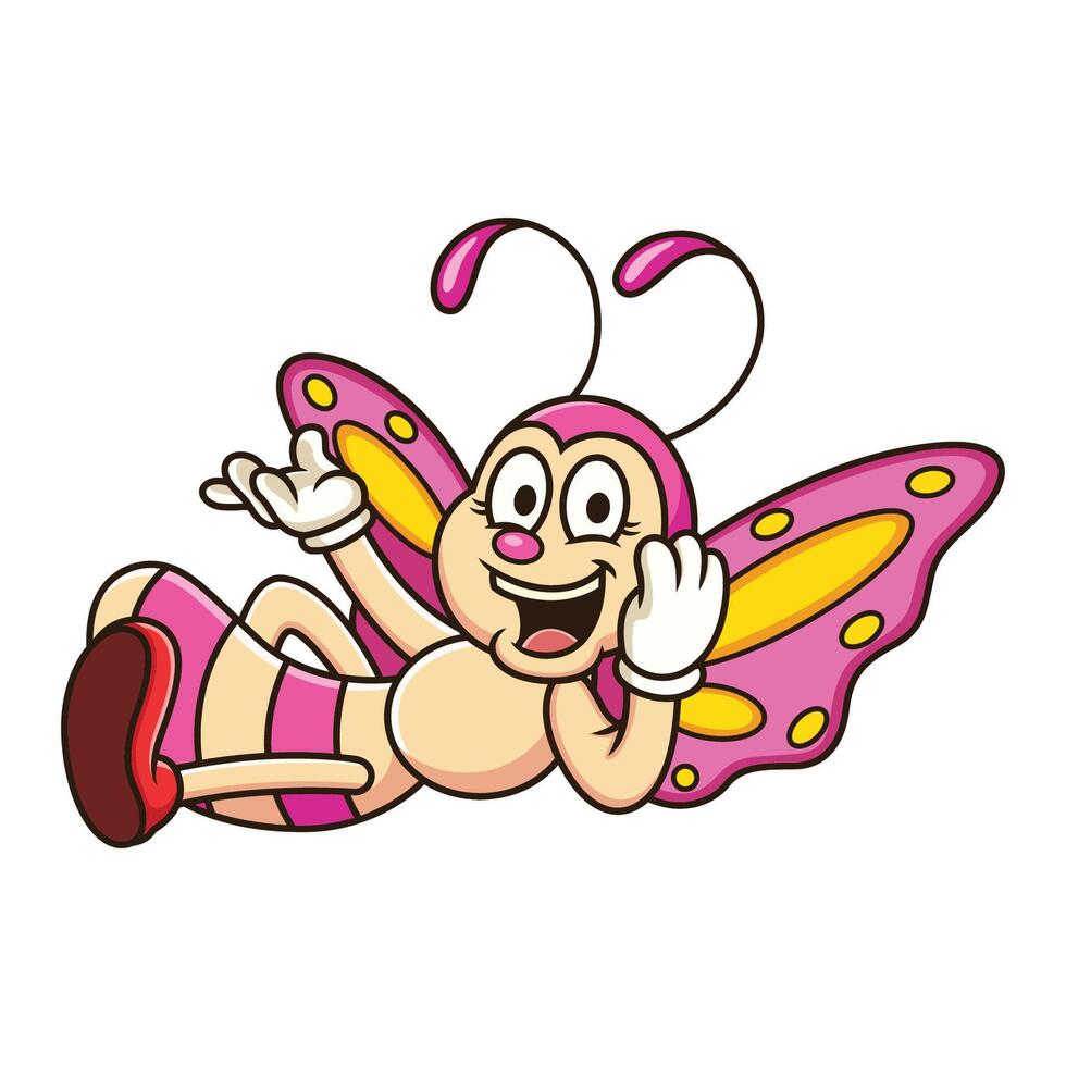 Cute butterfly with lying pose cartoon. Mascot illustration isolated on white background vector