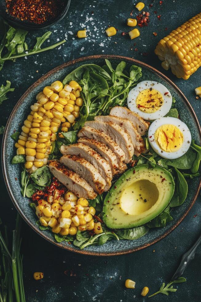 Grilled chicken breast with corn, avocado and hard boiled eggs on a dark background photo