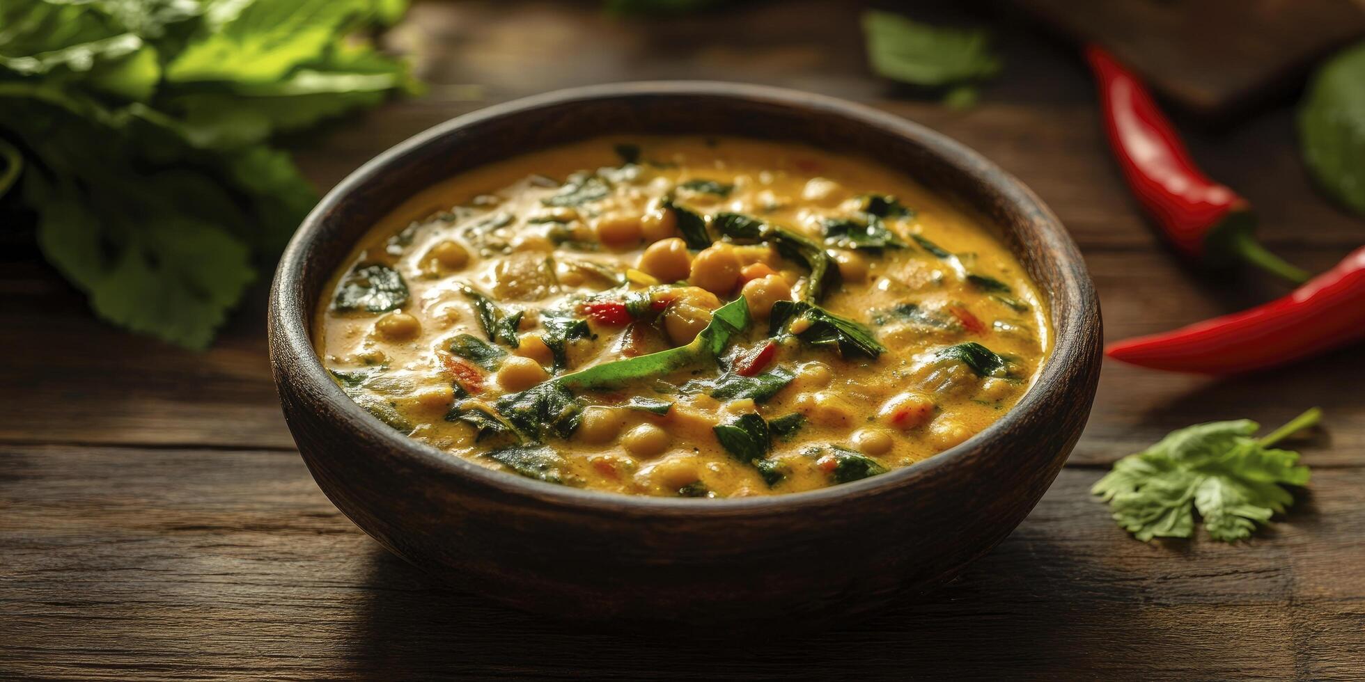Chickpea curry with spinach and red chilli photo