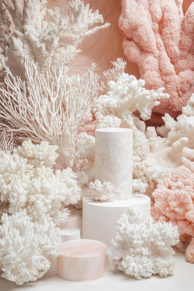 A white and pink coral display with some coral photo