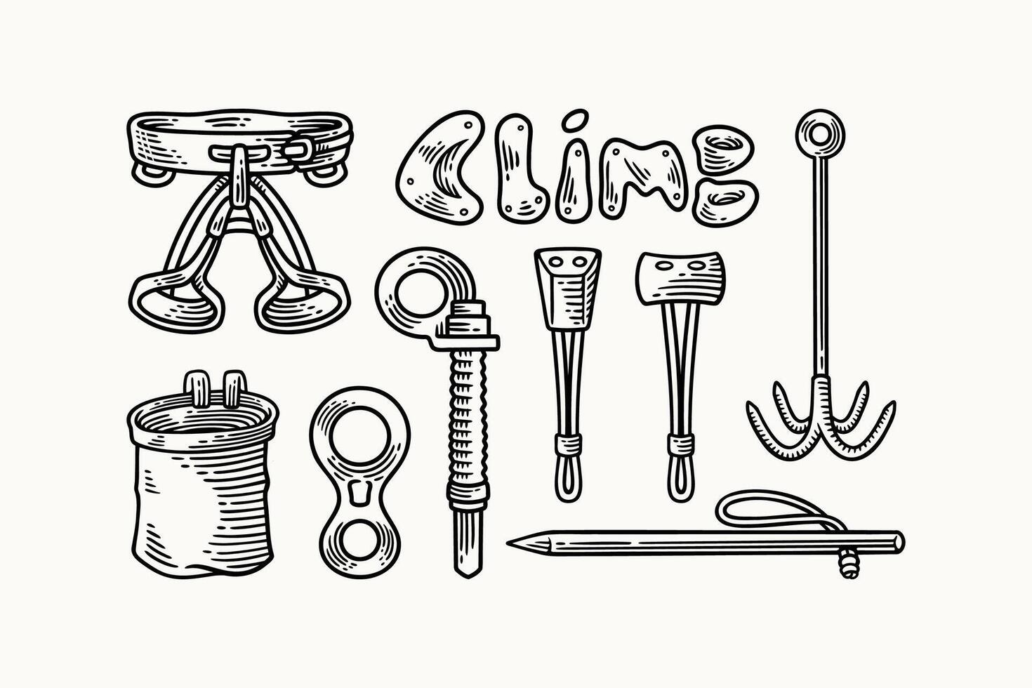 climbing sit harness, figure, chalk bag, anchor, wall grips, stopper, chock, fastener safety gears hatching engraving illustration element designs set for adventure, explorer, mountaineer, climber vector
