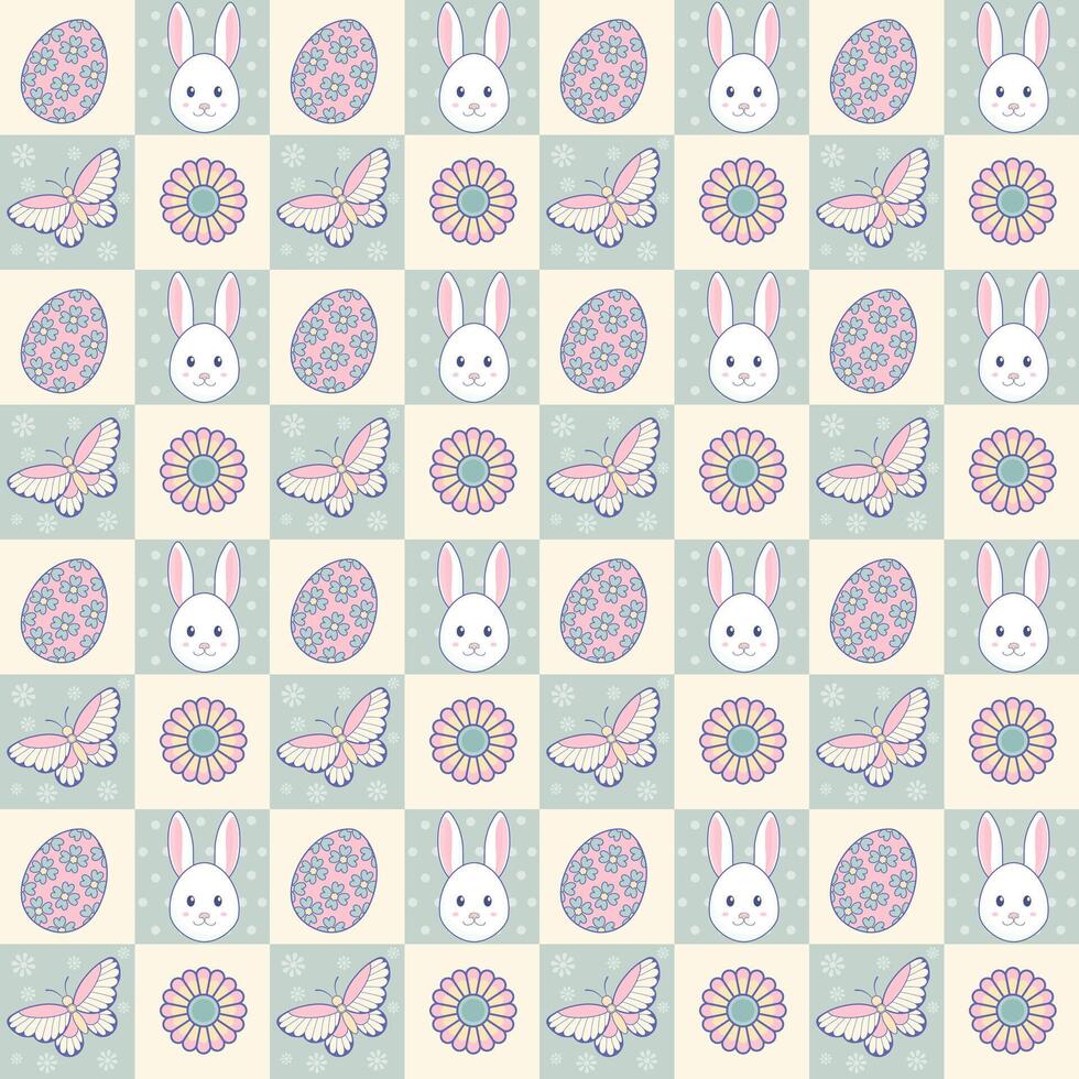 Seamless checkered pattern with Easter egg, bunny, butterfly, and flower. Spring wallpaper. vector
