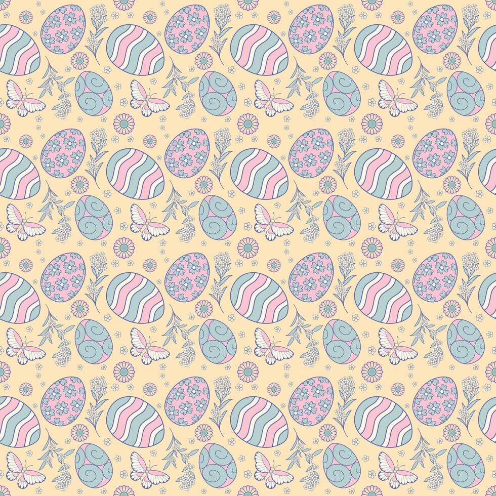 Seamless pattern with Easter egg, flower, and butterfly on pastel yellow background. Spring Wallpaper. vector