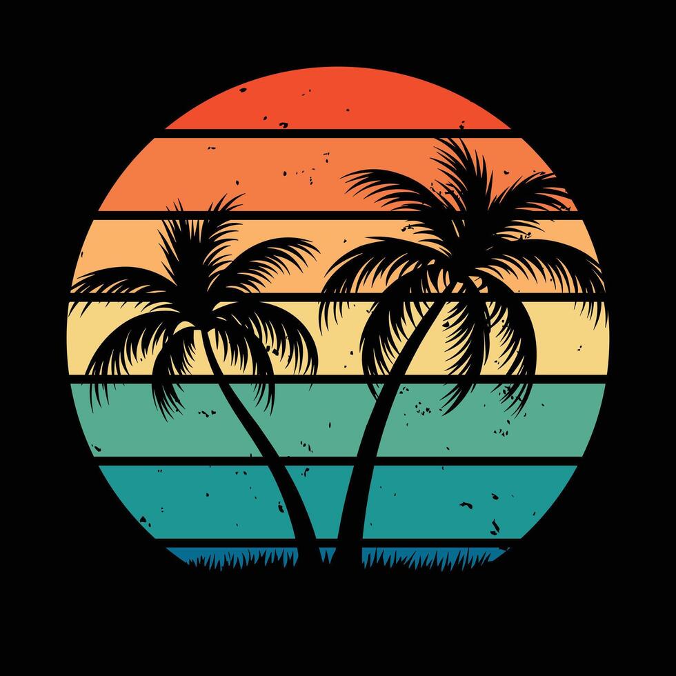 Retro Palm Tree Sunset Illustration - Vintage Tropical Beach Design vector