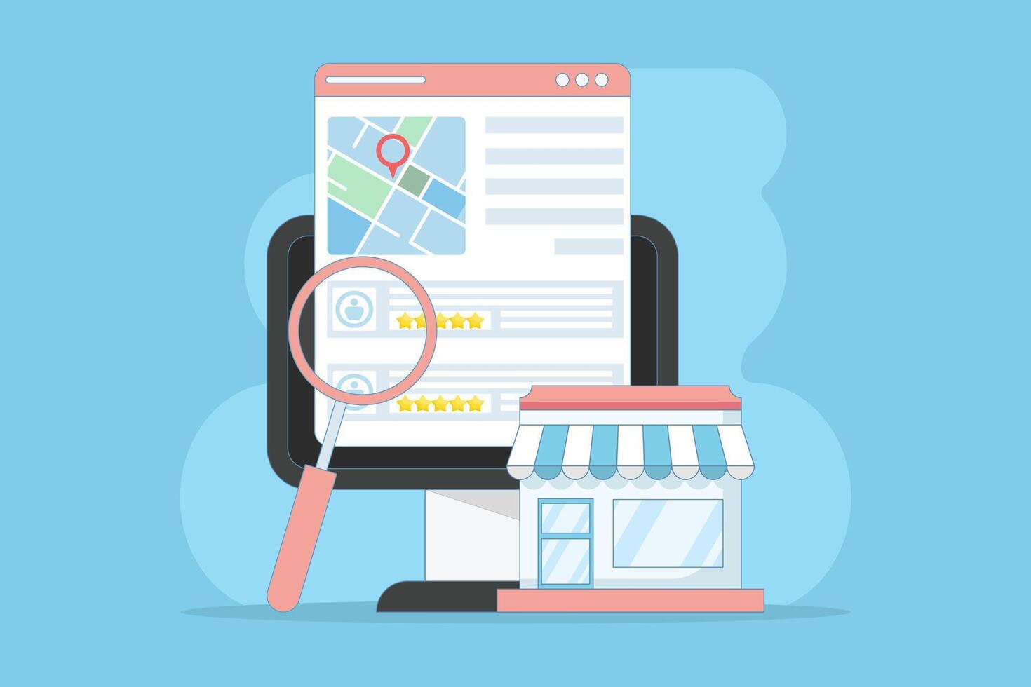 Business Ranking Concept, Customers share business ratings and reviews on search engine result pages, Business reputation on the internet. SEO business listing, SEO Reviews. vector