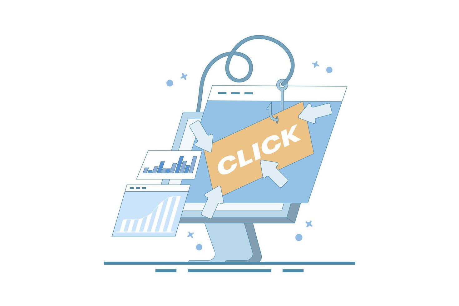 Clickbait concept, Increasing website traffic through clickbait strategy, Clicking on links, Digital advertising tactics, clickbait to Increase click-through rate. Flat cartoon illustration. vector
