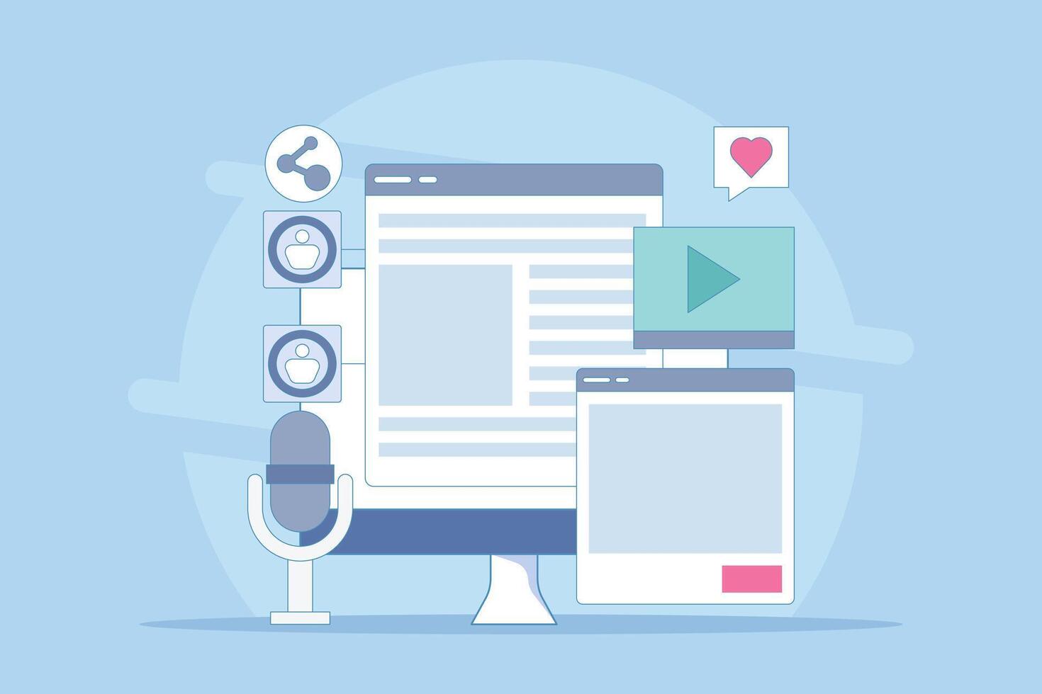 Content Marketing Concept that attracts audience, Various content marketing strategies, Viral content that attracts audience. Podcast, and text content. Flat illustration. vector