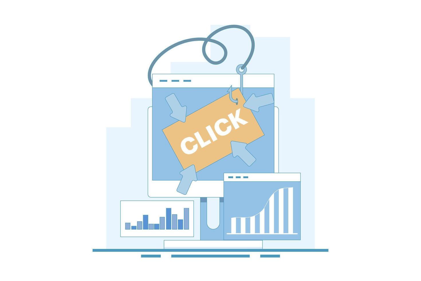 Clickbait concept, Increasing website traffic through clickbait strategy, Clicking on links, Digital advertising tactics, clickbait to Increase click-through rate. Minimalist cartoon illustration. vector