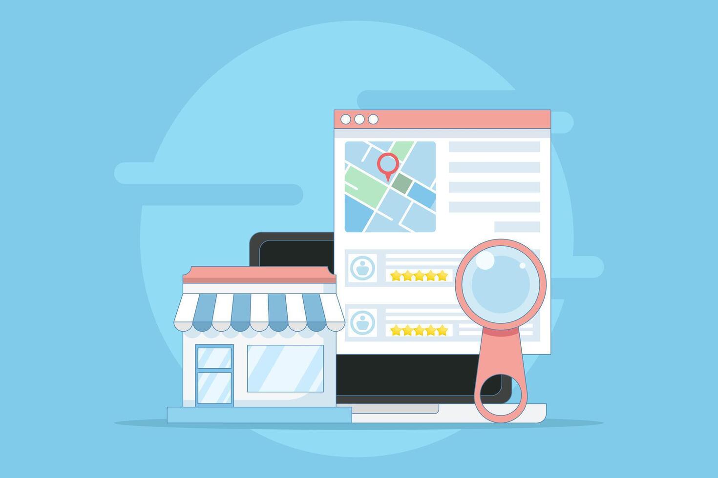 Business Rating Concept, Customers share business ratings and reviews on search engine result pages, Business reputation on the internet. SEO business listing, SEO reviews. flat illustration. vector
