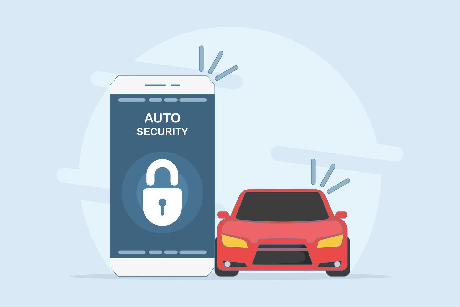 Car security system concept. car alarm. Car alarm application on mobile phone screen. Protection inclusion via smart phone. Simple flat style cartoon design illustration on background. vector