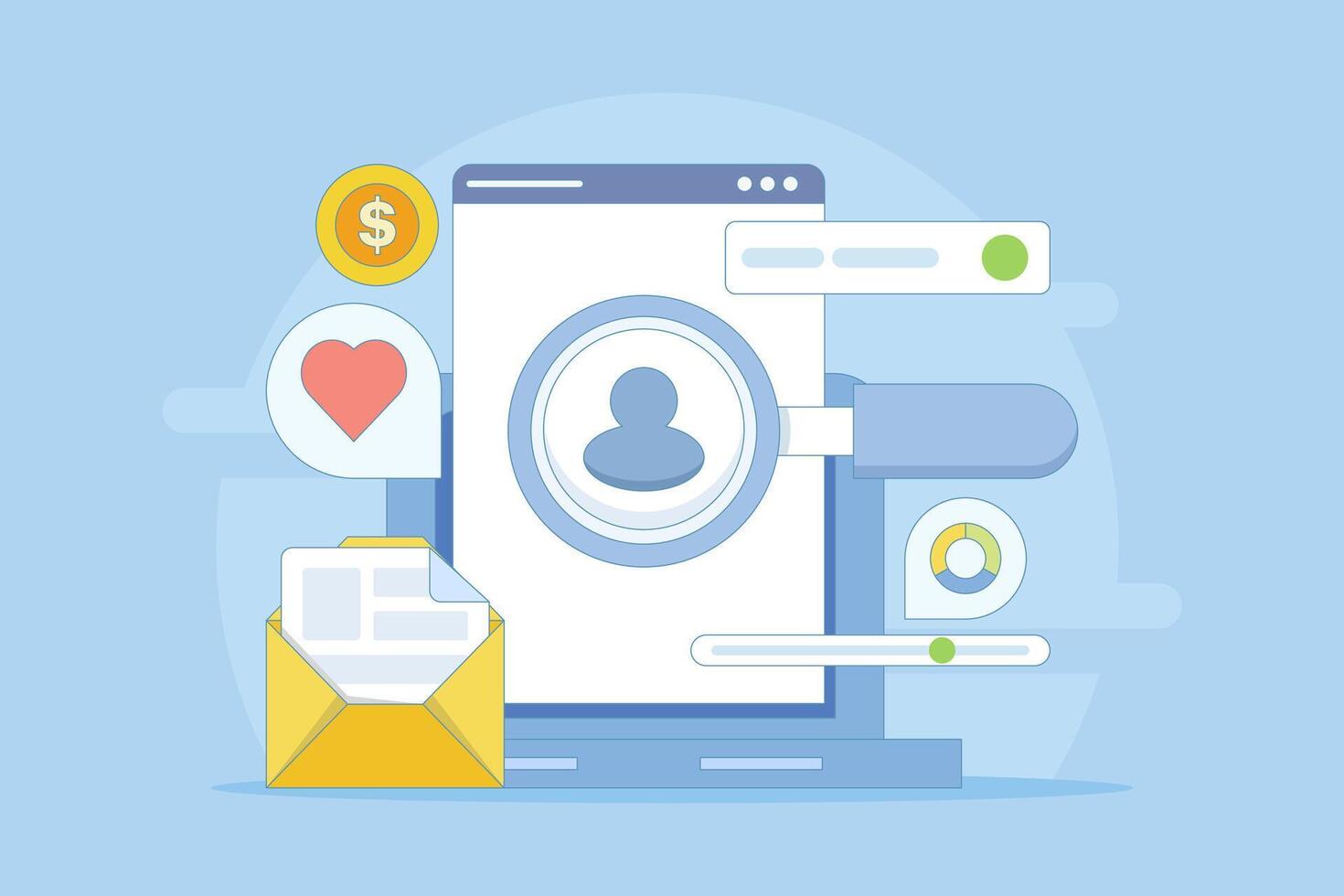 Digital Ad Targeting Concept, Ad campaign targeting a specific audience, Audience demographics in ad campaigns, Social media targeting, flat cartoon design in background. vector