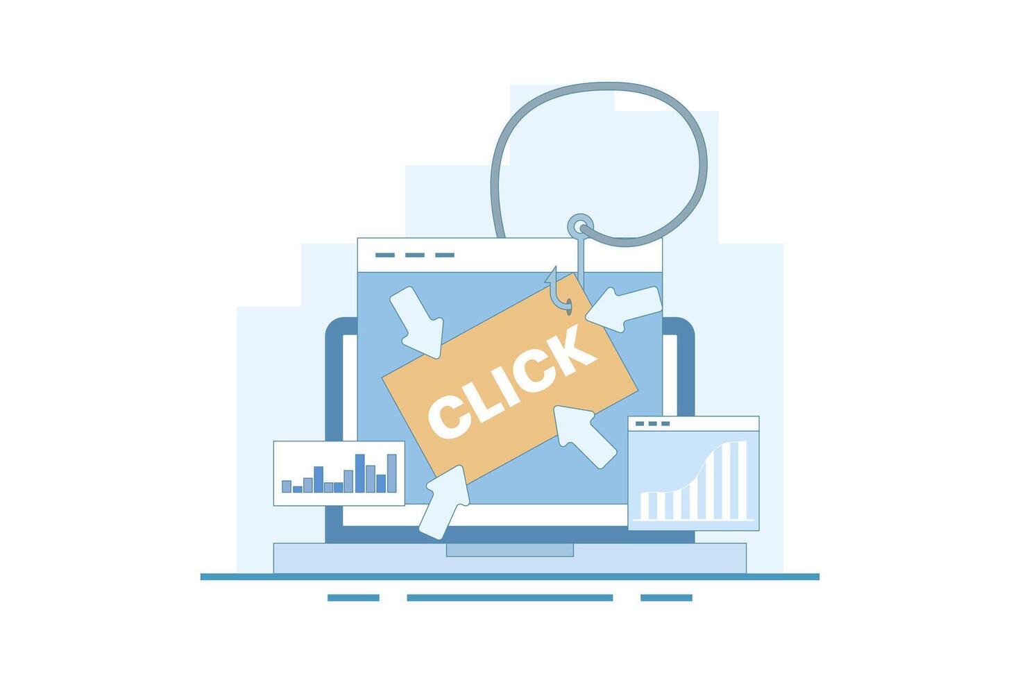 Clickbait concept, Increasing website traffic through clickbait strategy, Clicking on links, Digital advertising tactics, clickbait to Increase click-through rate. Flat illustration. vector