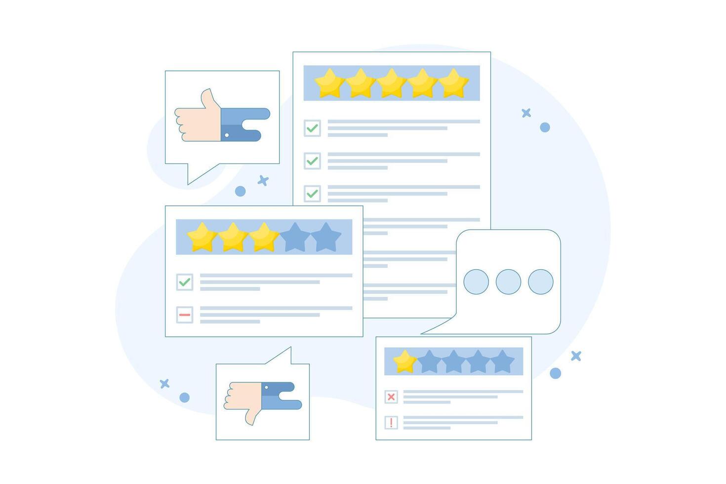 Customer Review Concept, Satisfaction, Feedback. Analysis of customer comments with various experiences. Efforts to improve product service ratings, surveys, reviews, opinions. Simple illustration. vector