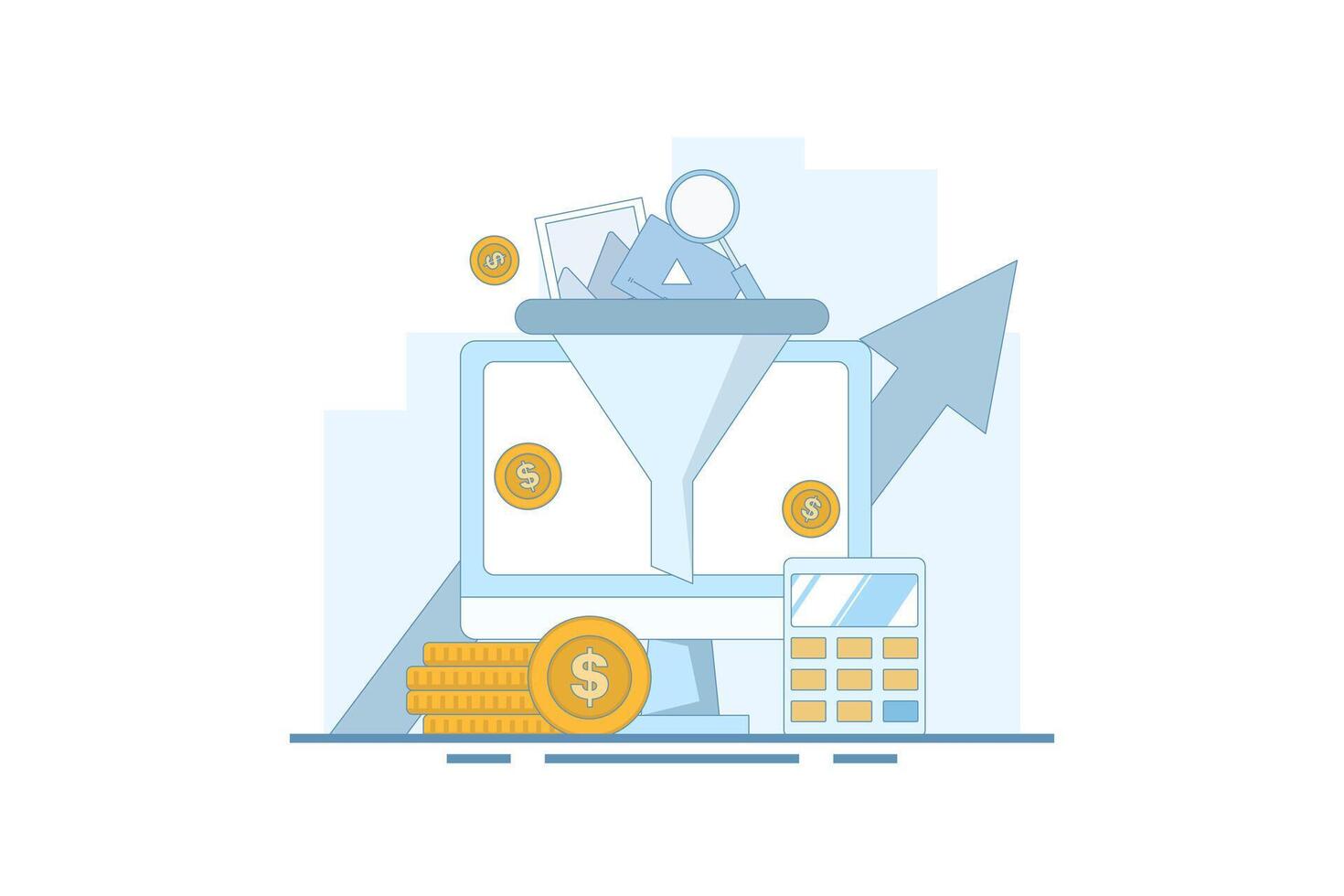 Digital marketing funnel, lead generation, Conversion optimization, Increase engagement, collect leads and improve social media online marketing strategy. Cartoon flat design illustration with icons. vector