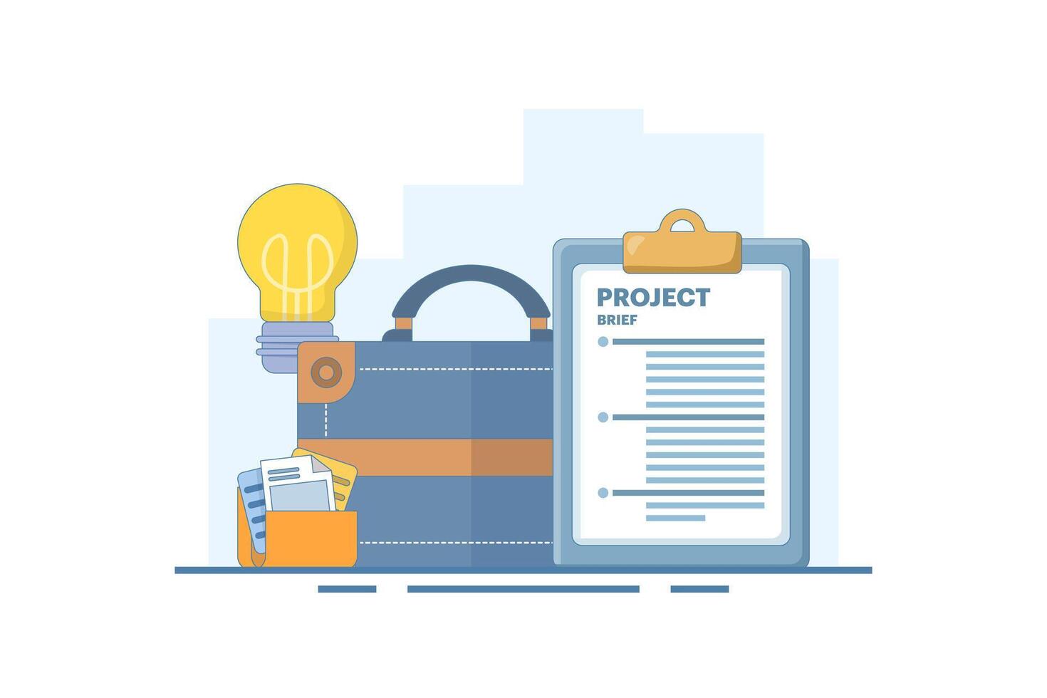 Project document concept, task document paper or project status report, work completion plan, leather executive briefcase near light bulb, file folder idea, paper project summary. design illustration. vector