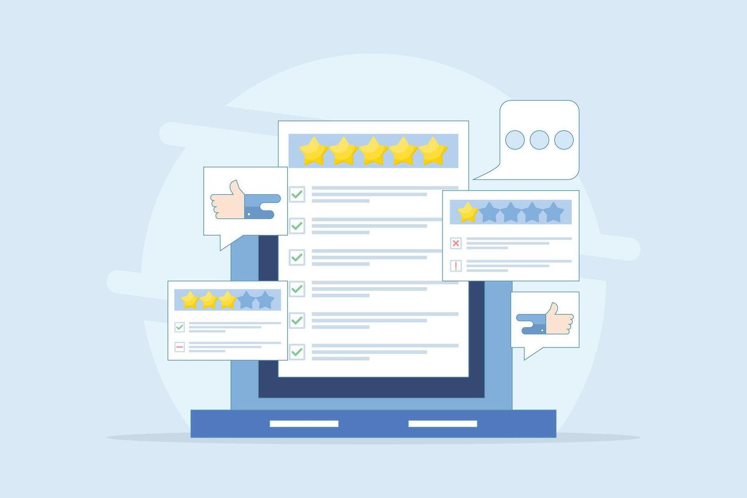 Customer Review Concept, Satisfaction, Feedback. Analysis of customer comments with different experiences. Efforts to improve product service ratings, surveys, reviews, opinions. Flat illustration. vector