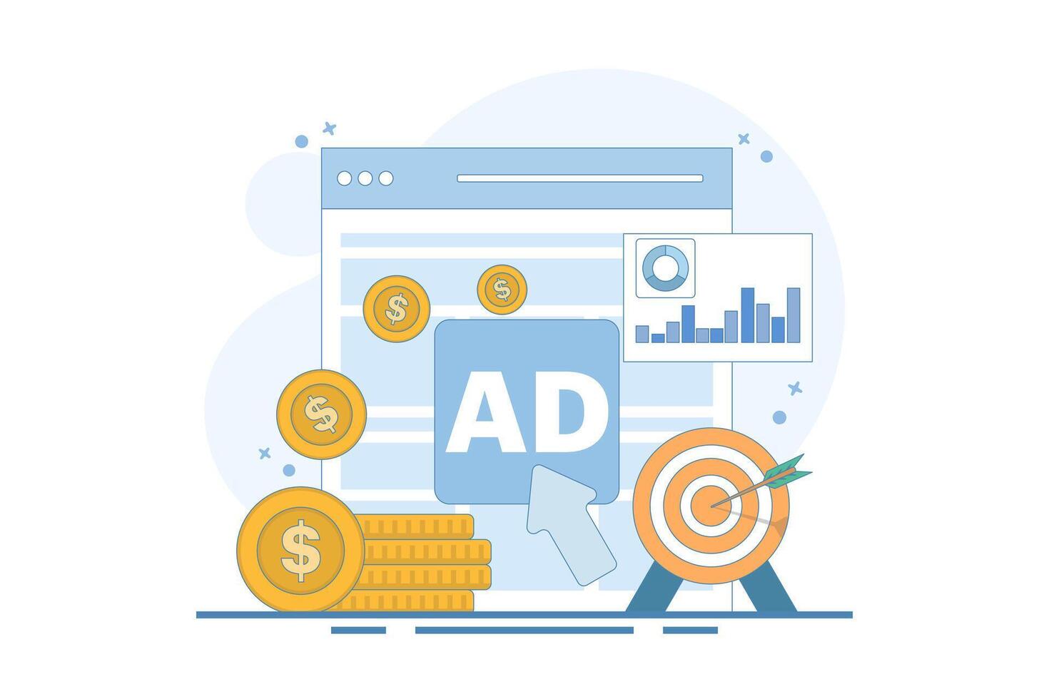 pay per click concept. online advertising where advertisers pay each time their ads are clicked. click to earn money. computer monitor with cursor, coins and debit card. simple illustration. vector