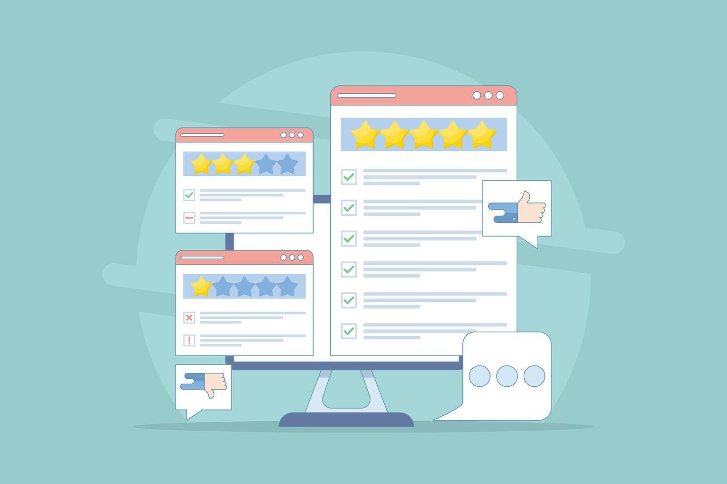 Customer Review Concept, Satisfaction, Feedback. Analysis of customer comments with various experiences. Efforts to improve product service ratings, surveys, reviews, opinions. Cartoon illustration. vector