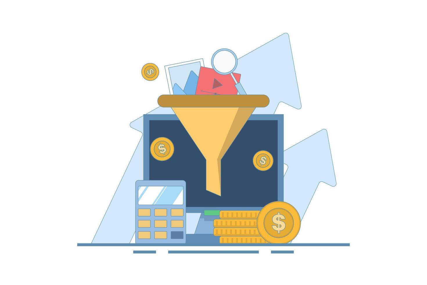 Digital marketing funnel, lead generation, Conversion optimization, Increase engagement, collect leads and improve social media online marketing strategy. Flat design illustration on background. vector