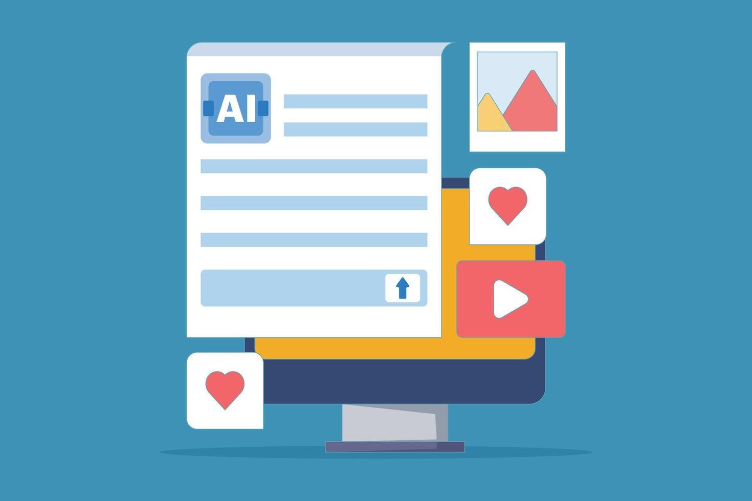 AI Creator Website Concept, tool, Artificial intelligence that creates text, and image content. AI content generator. flat design illustration on background. vector