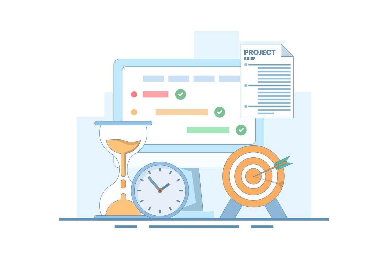 Project management concept, compiling program checklist on laptop monitor screen near target paper hourglass project summary. checking tasks completed within project management time. cartoon design. vector