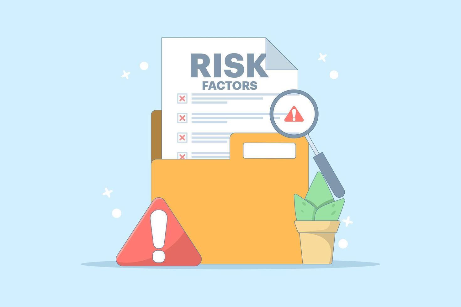 Risk Factor Analysis Concept Design, Document with Magnifying Glass and Warning Sign. Document shows business risks. Risk management, business mistakes, strategy and planning. Illustration. vector