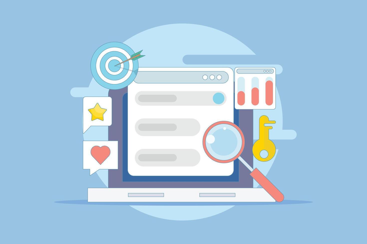 Keyword research concept, keyword targeting, SEO keyword optimization, keyword analysis tool. Search engine marketing with keyword grouping strategy. Cartoon design illustration on background. vector