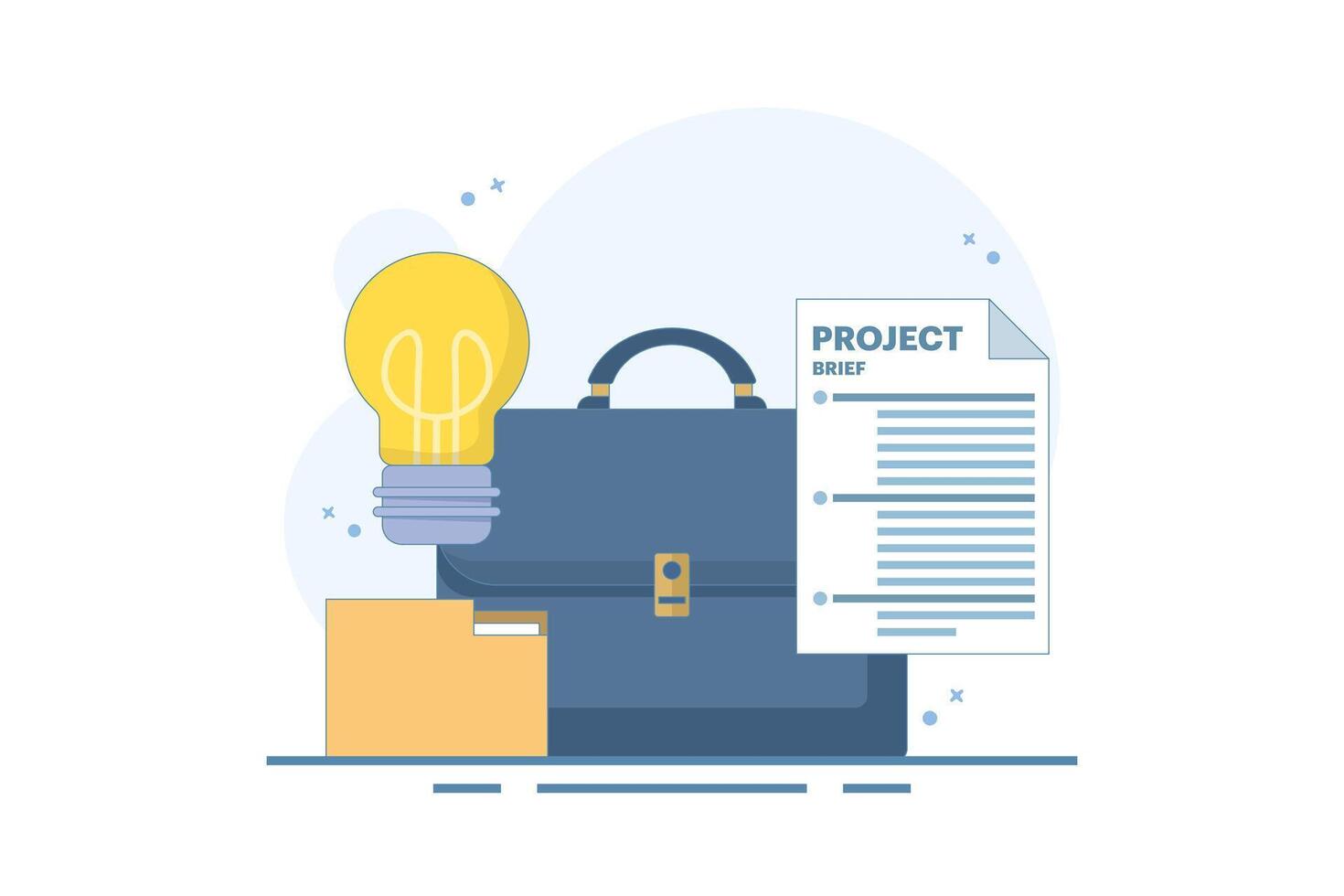 Project document concept, task document paper or project status report, work completion plan, leather executive briefcase near light bulb, file folder idea, paper project summary. cartoon illustration vector