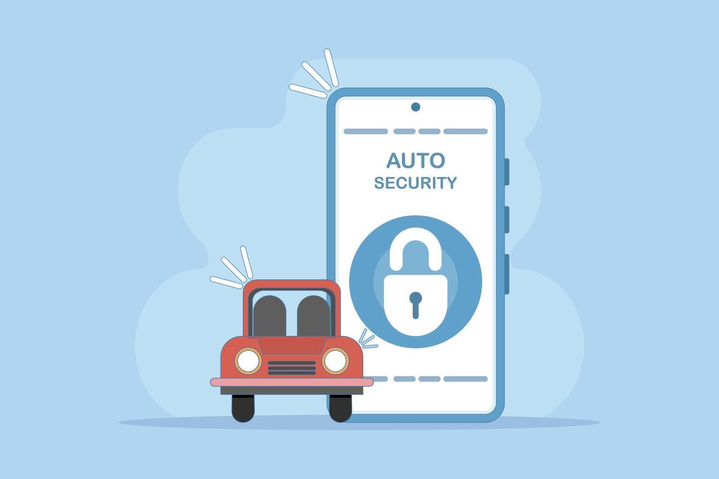 Car security system concept. car alarm. Car alarm application on mobile phone screen. Protection inclusion via smart phone. Flat style cartoon design illustration on background. vector