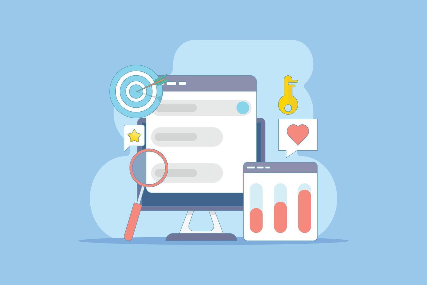 Keyword research concept, keyword targeting, SEO keyword optimization, keyword analysis tool. Search engine marketing with keyword grouping strategy. Flat cartoon illustration on background. vector