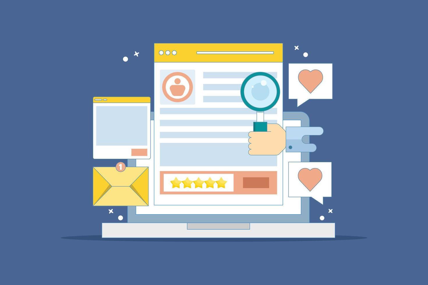 Customer Concept sharing product ratings on website, brand marketing strategy, customer reviews and ratings on social media. Customer feedback website, review website. flat illustration. vector