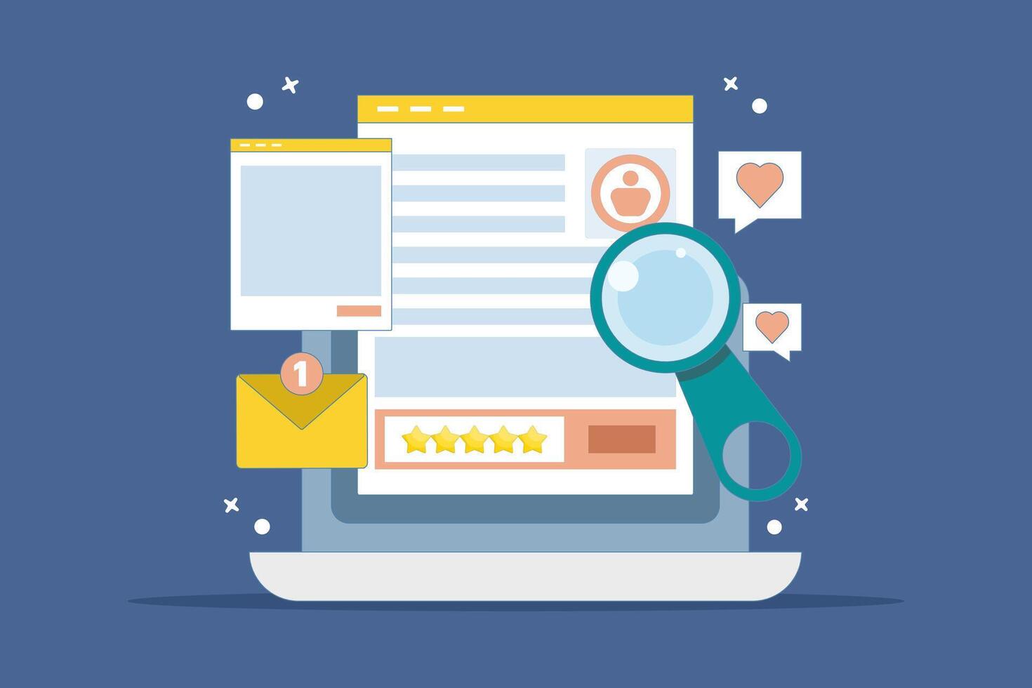 Customer Concept sharing product ratings on website, brand marketing strategy, customer reviews and ratings on social media. Customer feedback website, review website. design illustration. vector