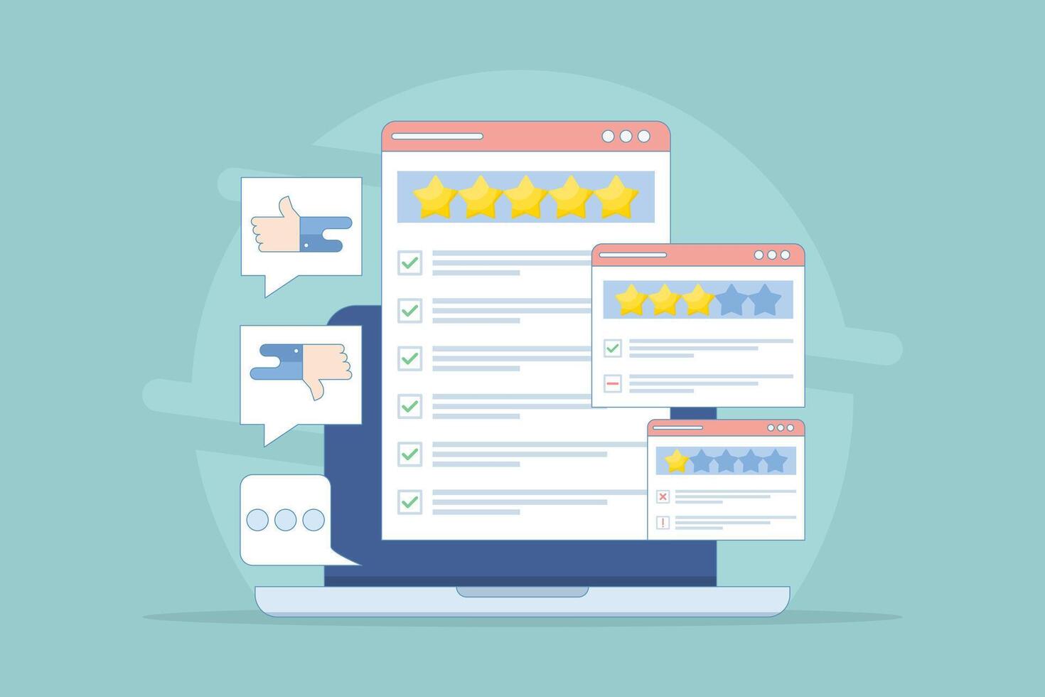 Customer Review Concept, Satisfaction, Feedback. Analysis of customer comments with various experiences. Efforts to improve product service ratings, surveys, reviews, opinions. Design illustration. vector