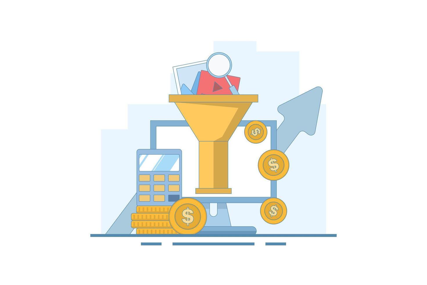 Digital marketing funnel, lead generation, Conversion optimization, Increase engagement, collect leads and improve social media online marketing strategy. Flat design illustration with icons. vector
