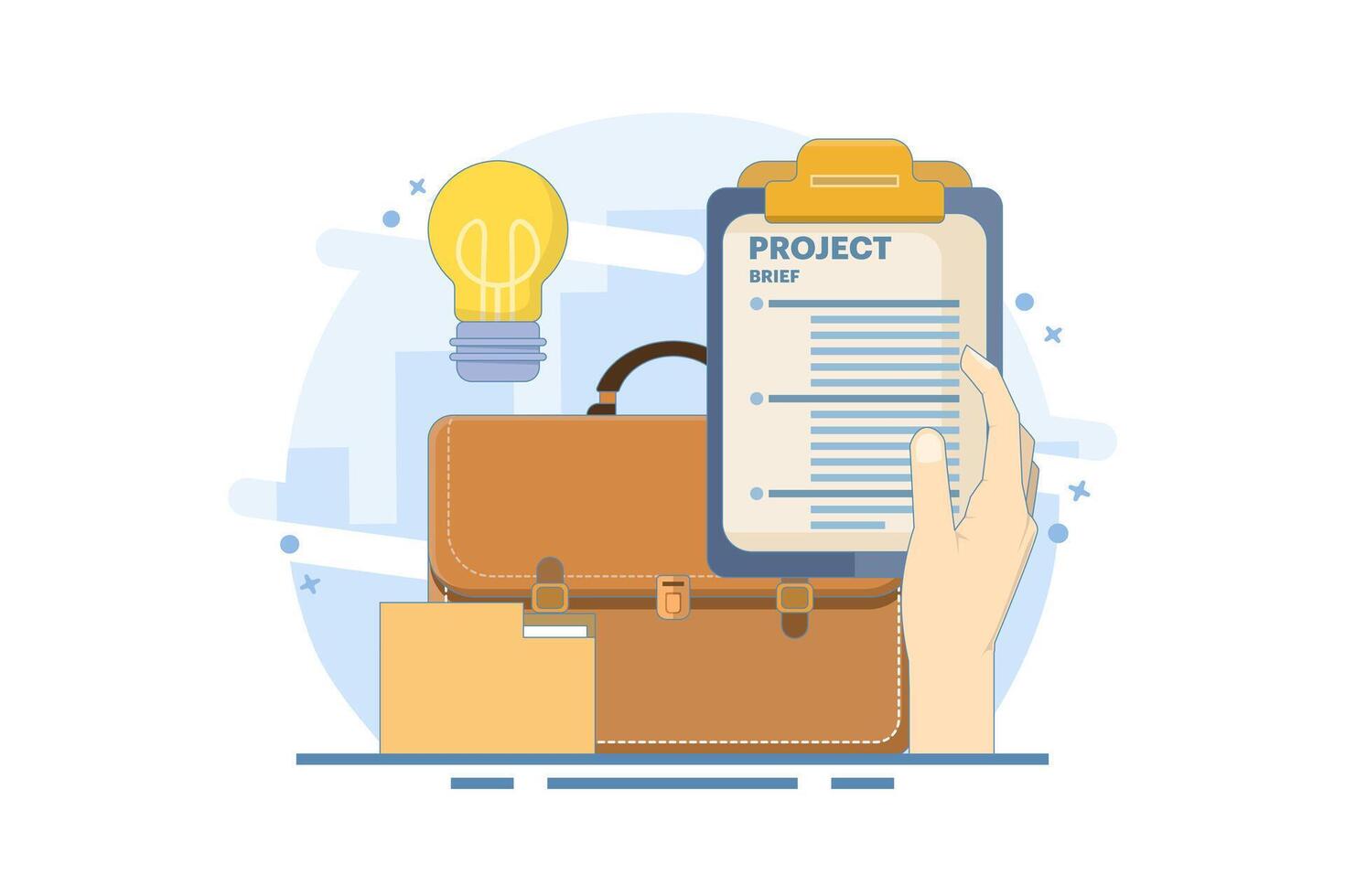 Project document concept, task document paper or project status report, work completion plan, leather executive briefcase near light bulb, file folder idea, paper project summary. cartoon design. vector
