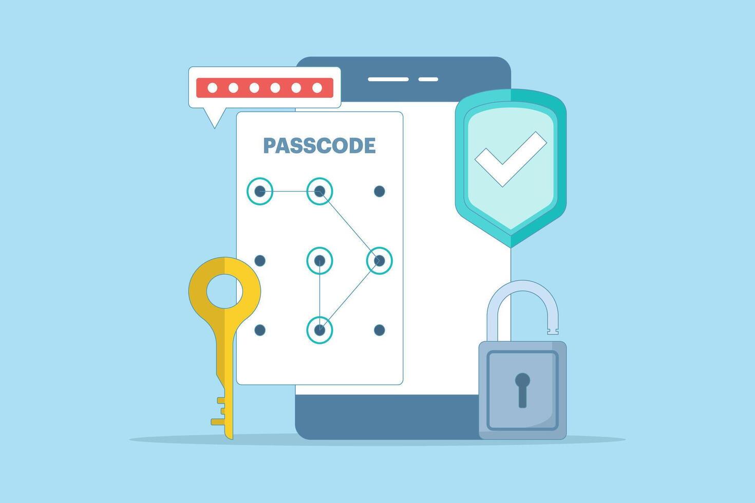 Lock screen concept set input passcode on smart phone screen with password protection padlock. Data protection, internet security and cyber security. Simple flat cartoon illustration on background. vector