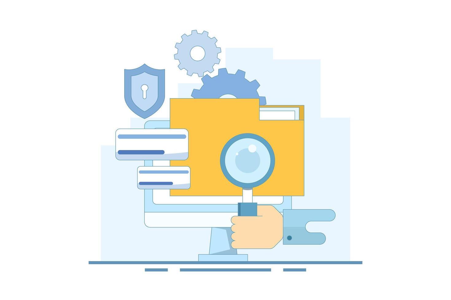 File manager concept. Manage, edit, search and organize files. Document security and protection technology. Folder, shield, magnifying glass, gear. Graphic design illustration. vector