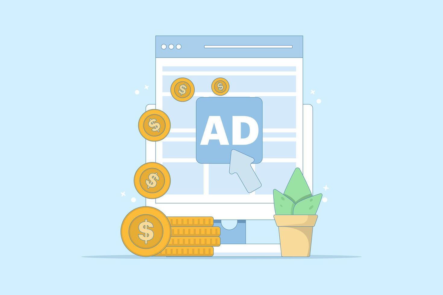 pay per click concept. online advertising where advertisers pay each time their ads are clicked. click to earn money. computer monitor with cursor, coins and debit card. cartoon illustration. vector