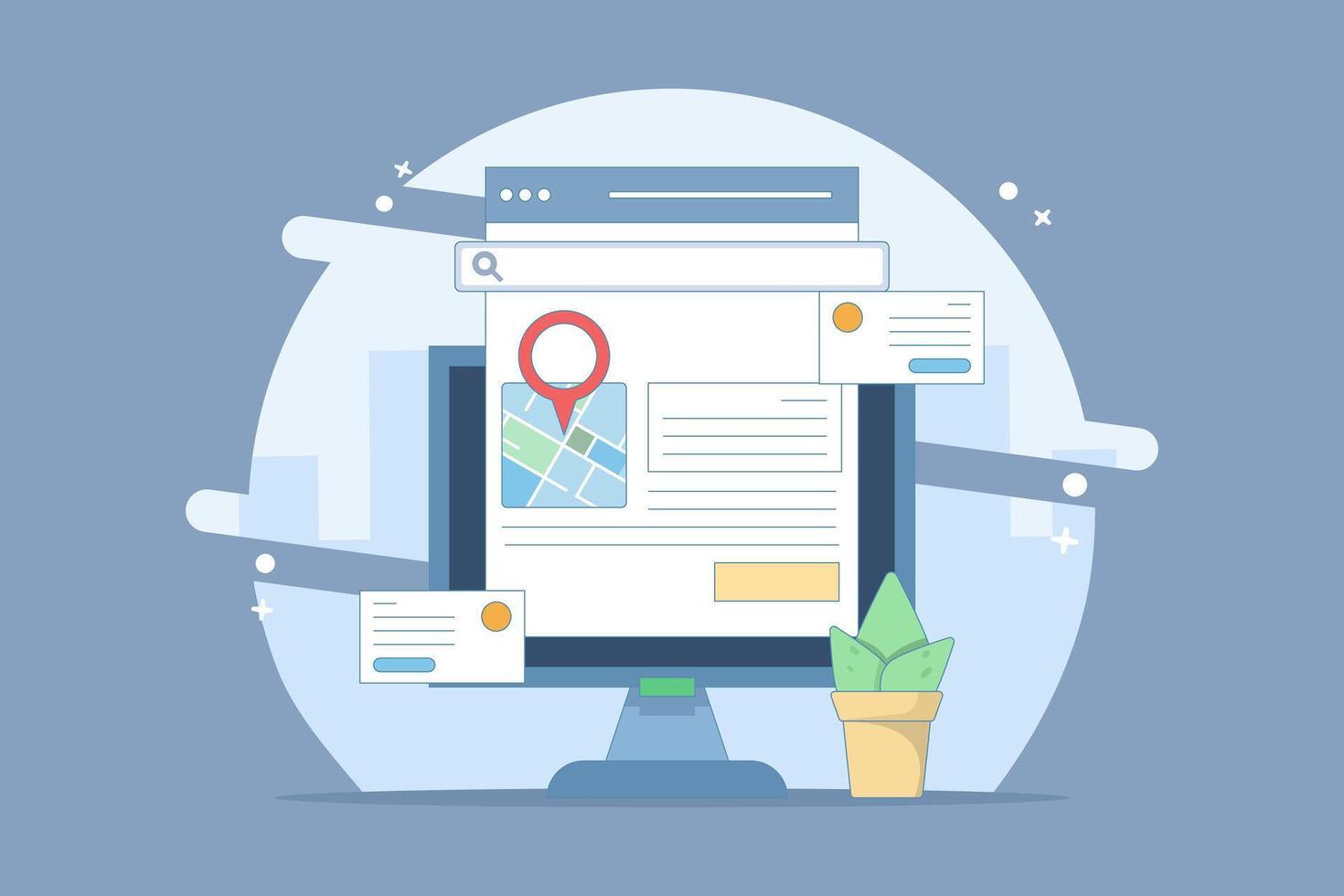 Search engine map concept, Search engine showing business location in search results, Business address in search results. Local map optimization. Analysis showing data. Simple illustration. vector