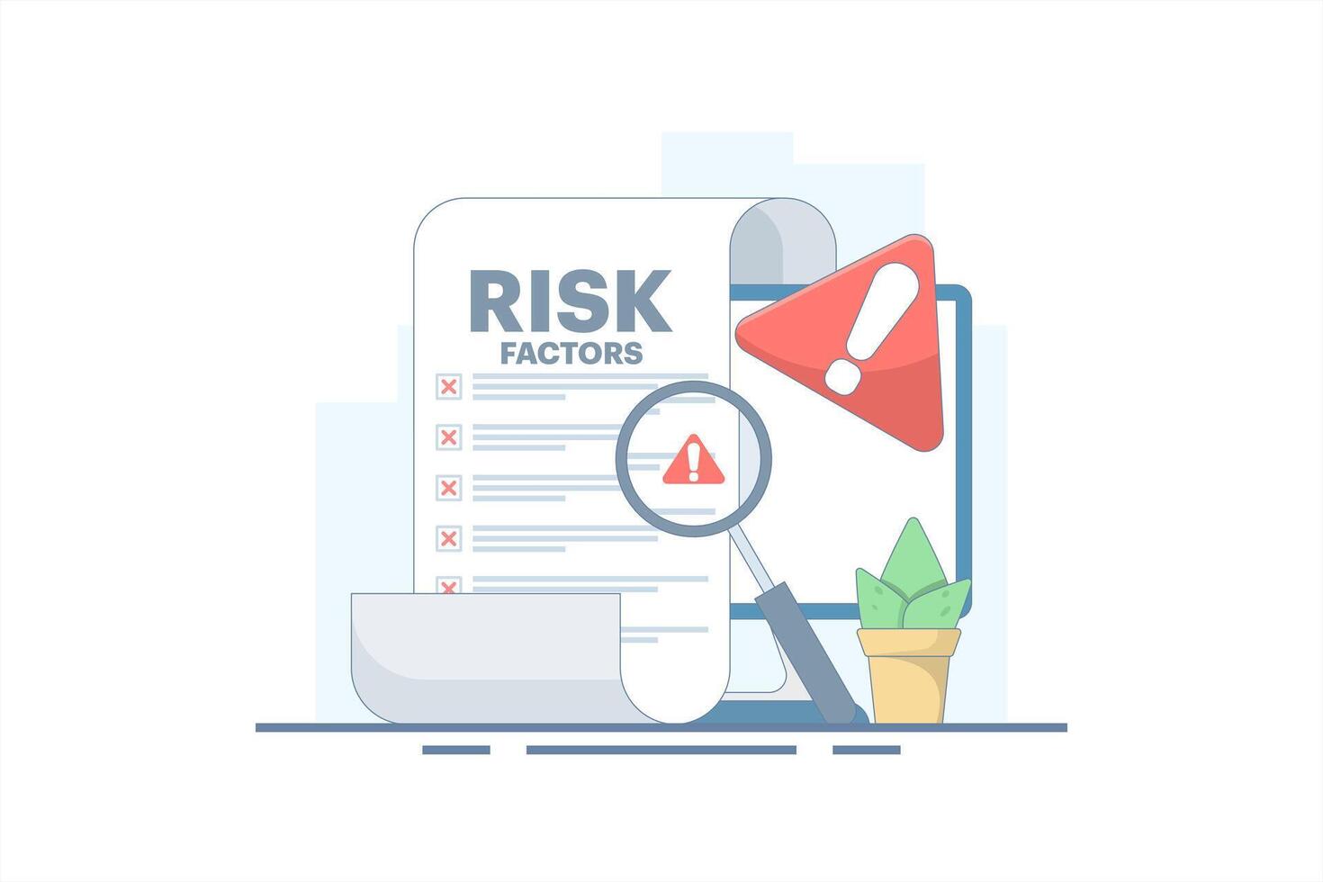 Risk Factor Analysis Concept Design, Document with Magnifying Glass and Warning Sign. Document shows business risk. Risk management, business mistakes, strategy and planning. Simple illustration. vector