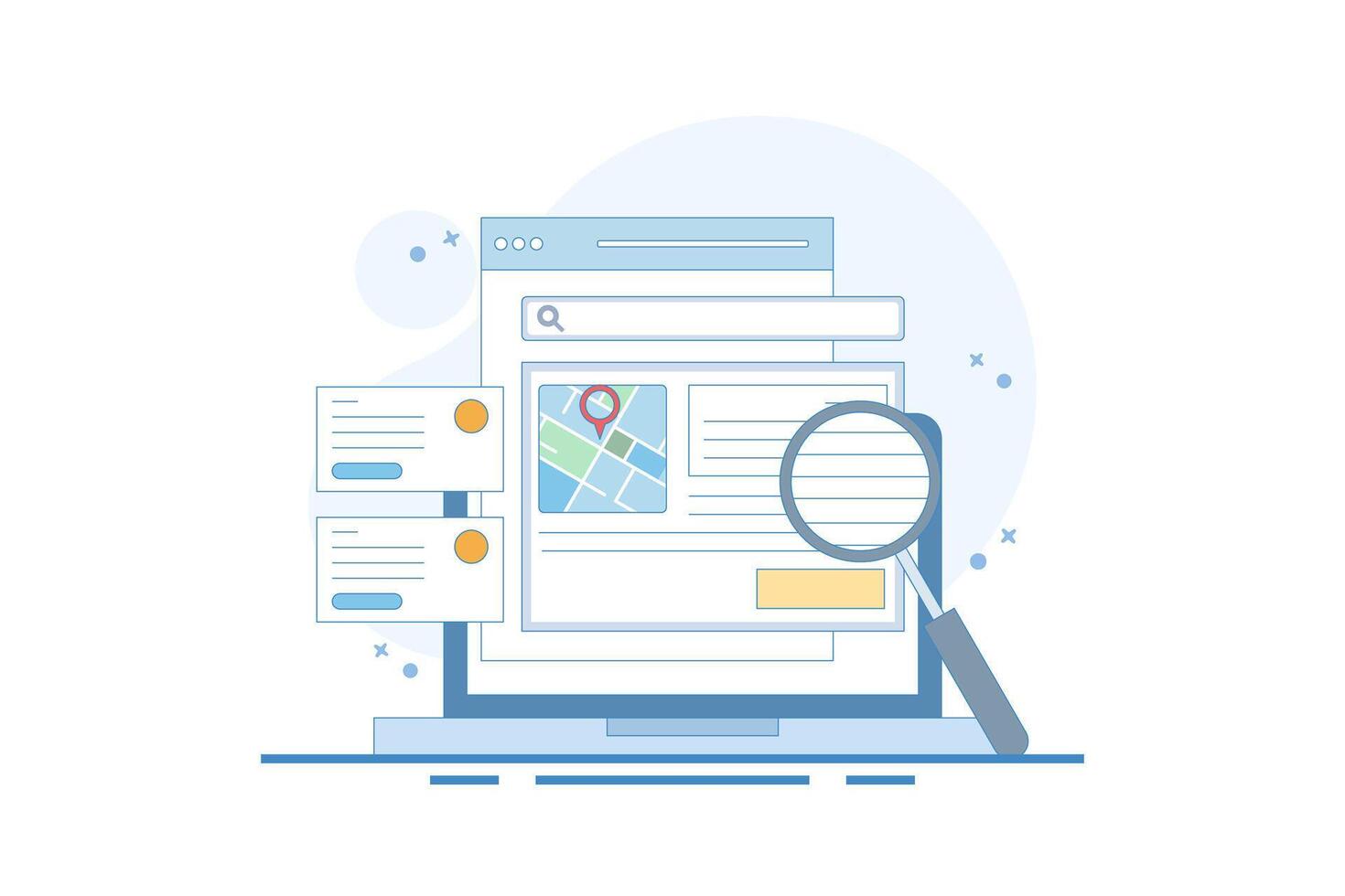 Search engine map concept, Search engine showing business location in search results, Business address in search results. Local map optimization. Analysis showing data. Design illustration. vector
