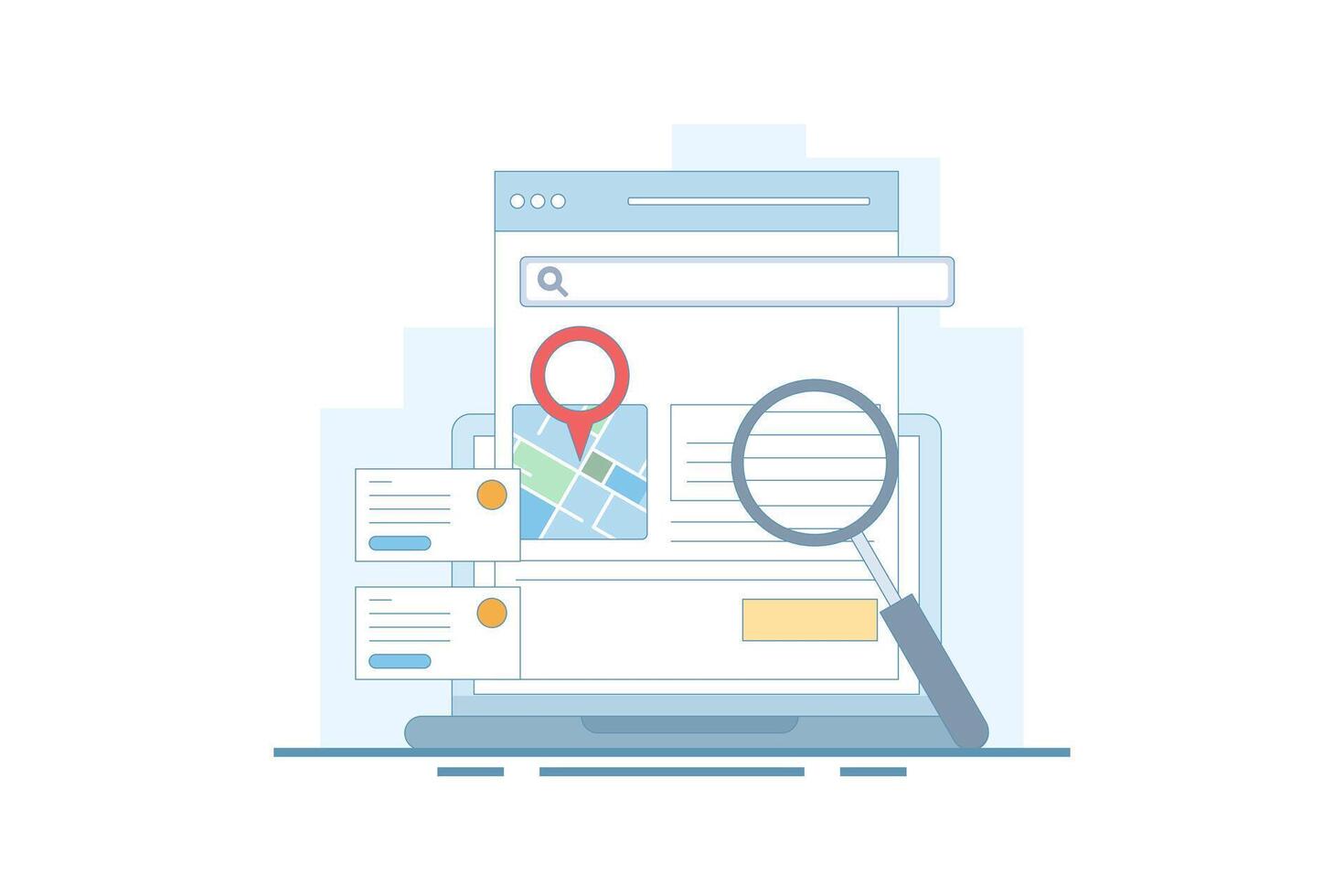Search engine map concept, Search engine showing business location in search results, Business address in search results. Local map optimization. Analysis showing data. Cartoon illustration. vector