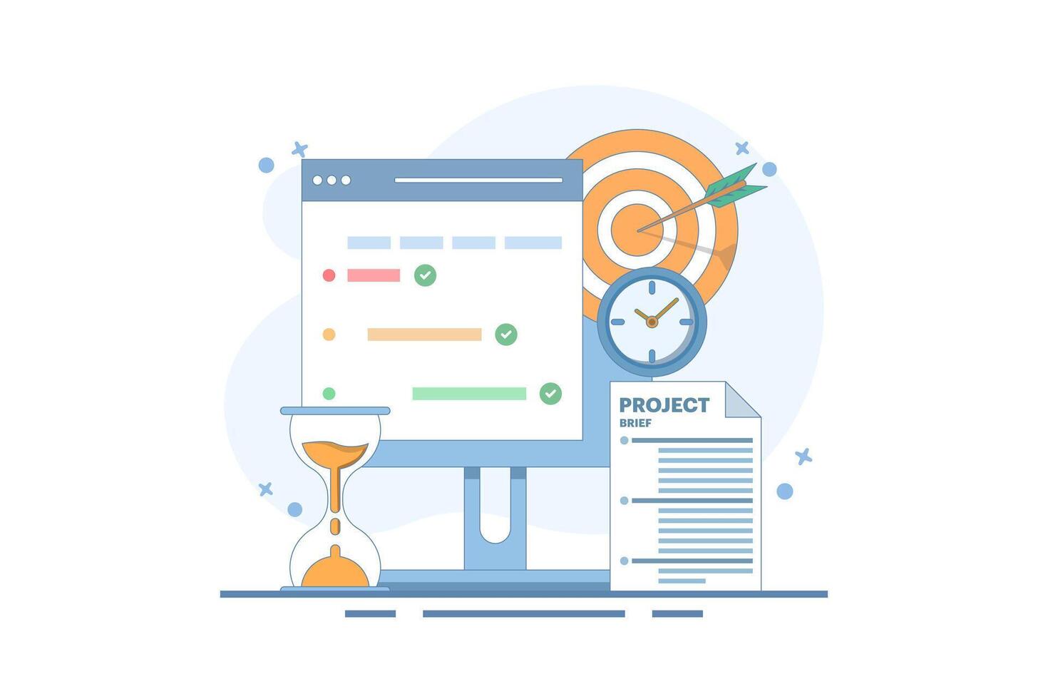 Project management concept, compiling program checklist on laptop monitor screen near target paper hourglass project summary. checking tasks completed within project management time. vector