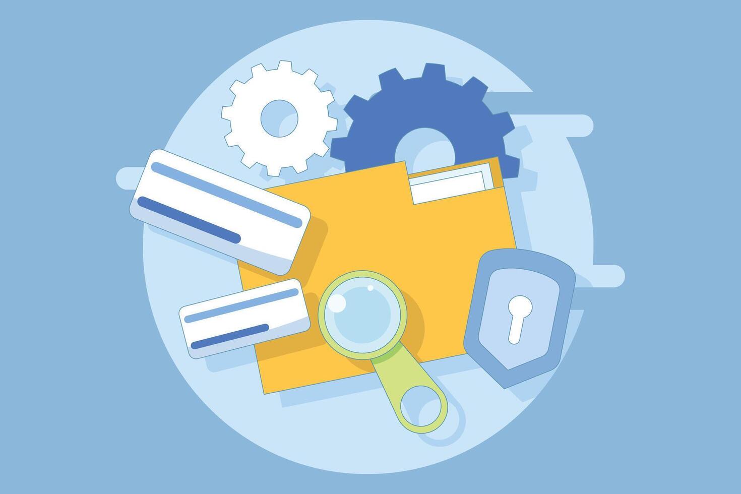 File manager concept. Manage, edit, search and organize files. Document security and protection technology. Folder, shield, magnifying glass, gears. Flat cartoon illustration on background. vector