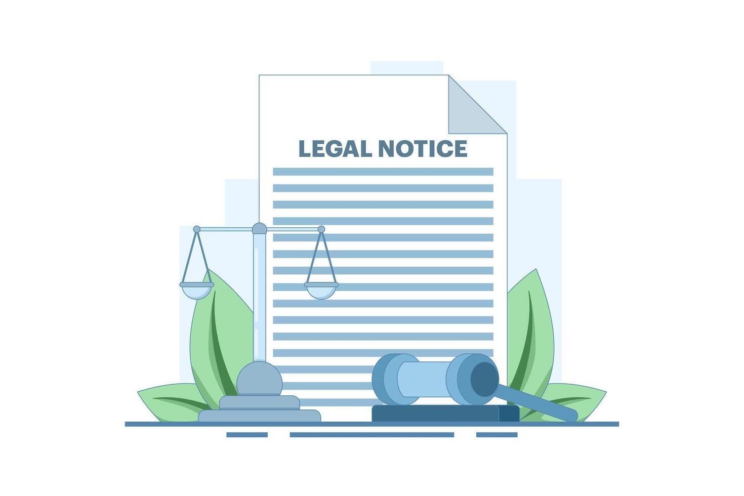 Legal Notice Concept. Legal Notice Document with Judge's Hammer. Corporate document, agreement review, data protection metaphor. Simple Flat Cartoon Design Illustration on Background. vector