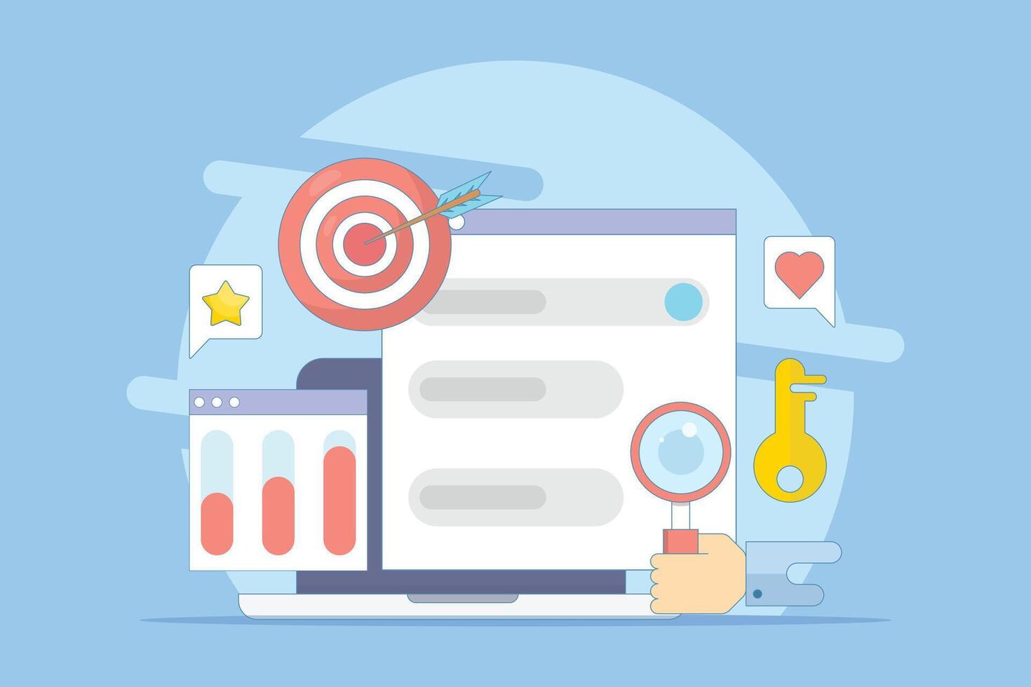 Keyword research concept, keyword targeting, SEO keyword optimization, keyword analysis tool. Search engine marketing with keyword grouping strategy. Flat cartoon design illustration on background. vector