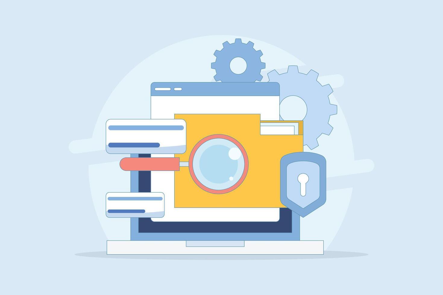File manager concept. Manage, edit, search and organize files. Document security and protection technology. Folder, shield, magnifier, gear. Flat design illustration. vector