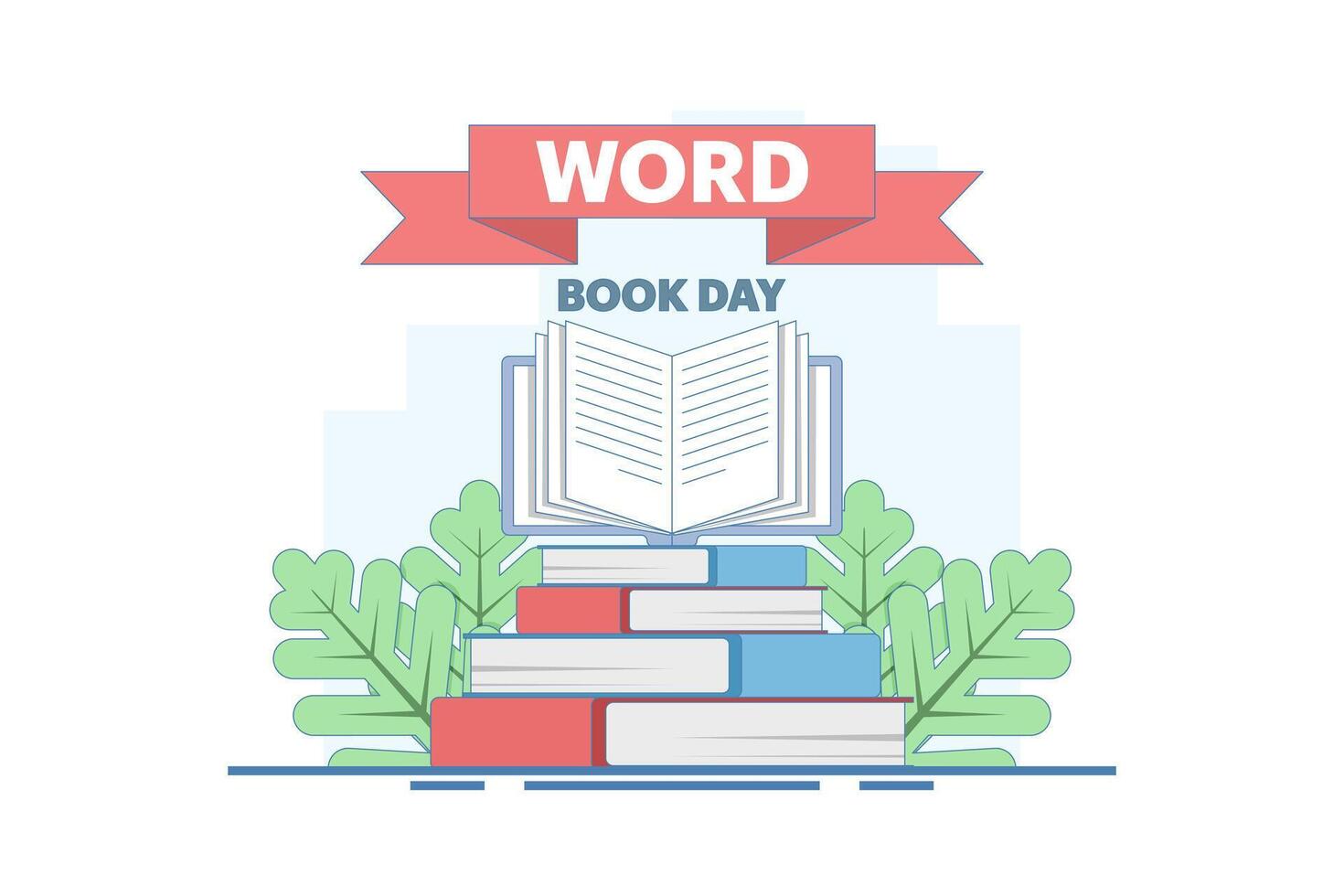 world book day concept. fond of reading books. illustration of stack of books, leaves. knowledge and hobby. happy reader reading book with flat style design. element. design illustration. vector