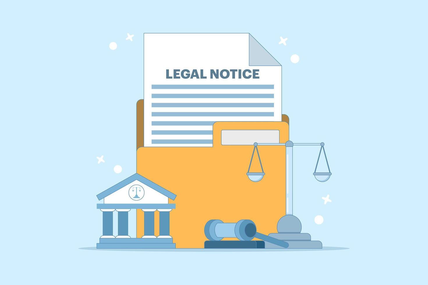 Legal Notice Concept. Legal Notice Document with Judge's Hammer. Corporate document, agreement review, data protection metaphor. Flat cartoon illustration on Background. vector